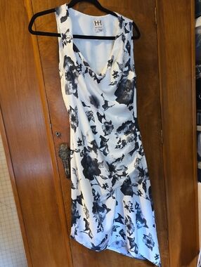 Haute Hippie Silk White/Black Floral Sleeveless Dress Side Ruching Asymetrical